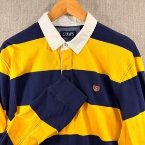Chaps Mens XL Long Sleeve Navy Yellow Striped Cotton Polo Rugby Shirt Y2K